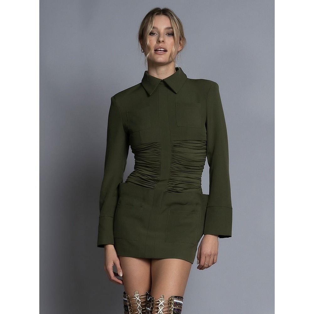 ZCRAVE Guggen Mini Dress Army Green Ruched Fitted Collared Long Sleeve Medium M